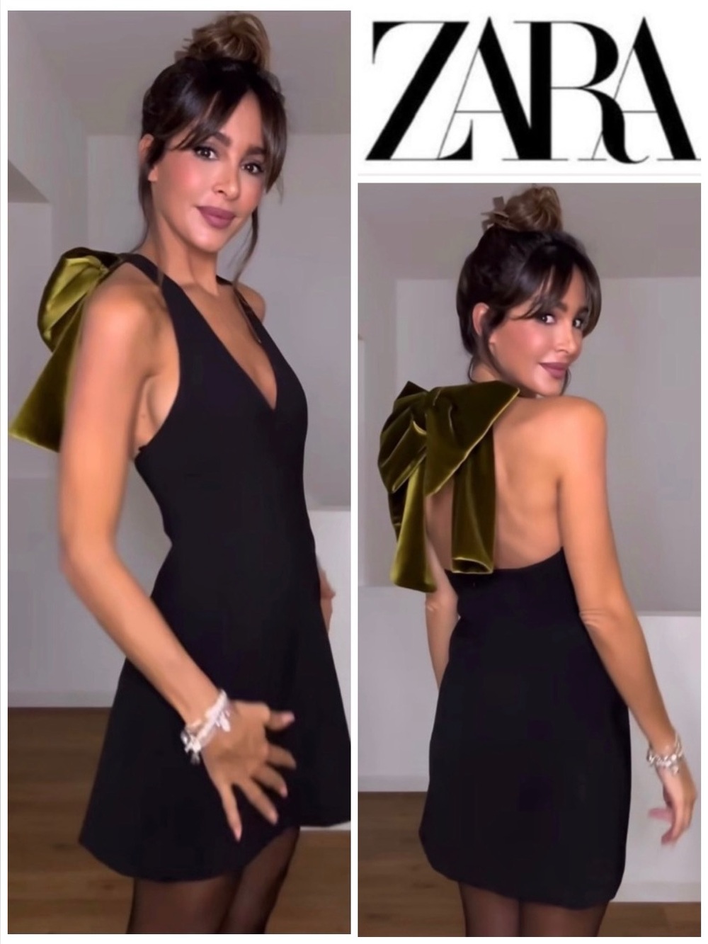 ZARA Short V-Neck Velvet Maxi Bow At Back Dress